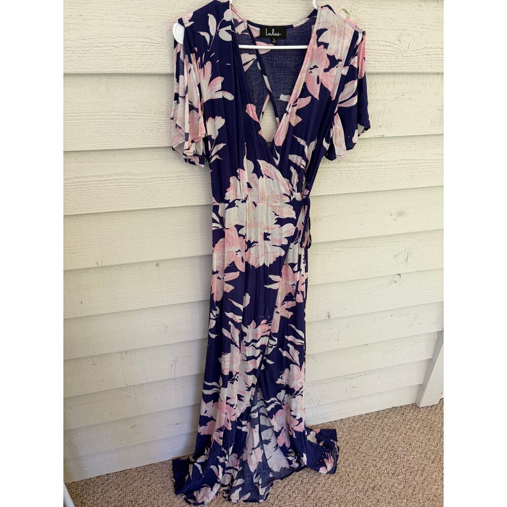 Lulus Navy Blue & Blush Floral Wrap Maxi Dress – Size Large - Picture 3 of 9
